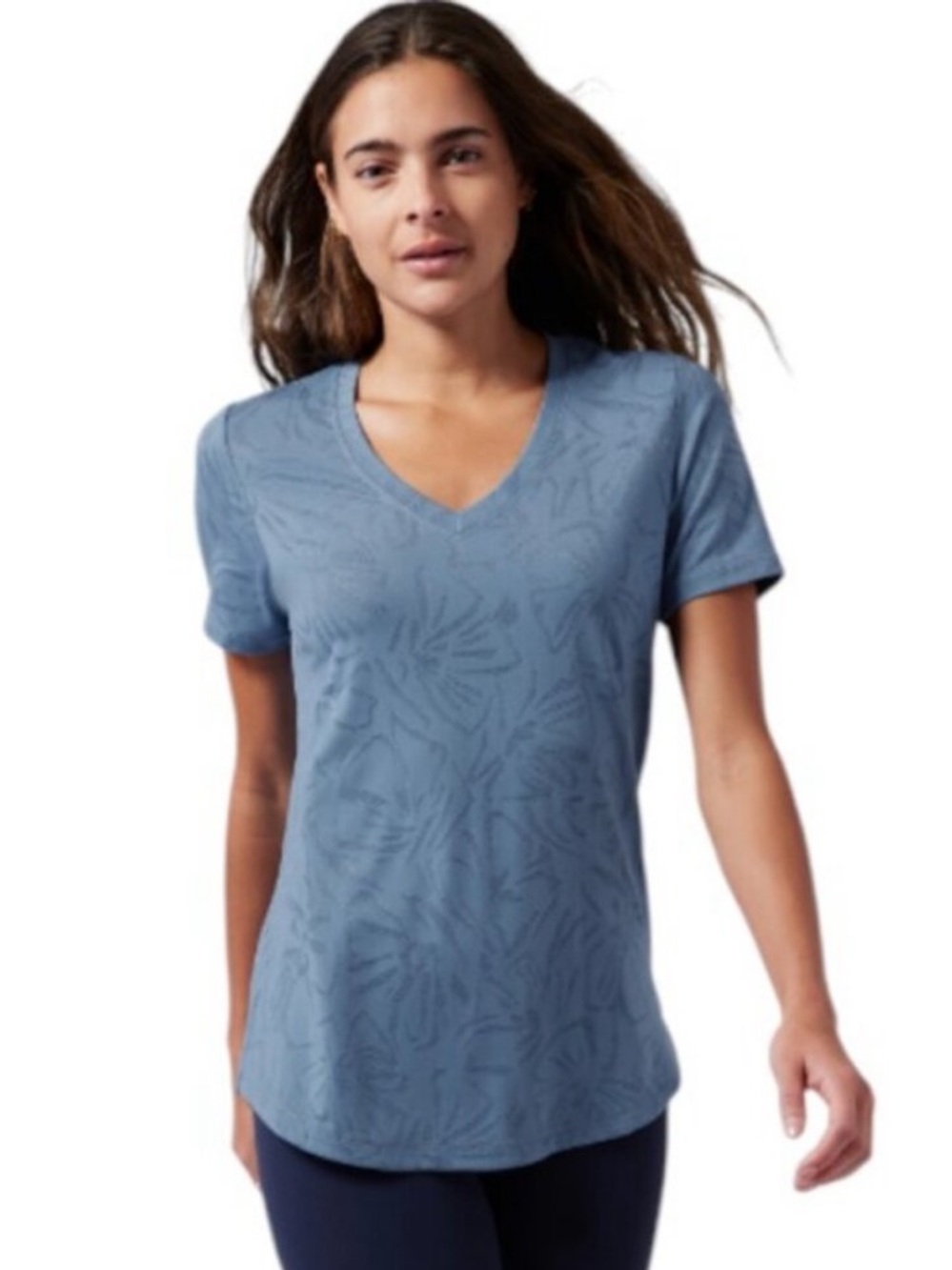 Athleta Essential V-Neck Top Floral Essence Cottage Blue Burnout Design, size 1X